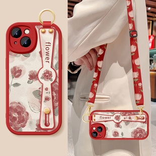适用苹果15手机壳iphone16pro新款女生IP15plus红色玫瑰腕带支架挂绳14promax小羊皮ip16e硅胶15promax保护套