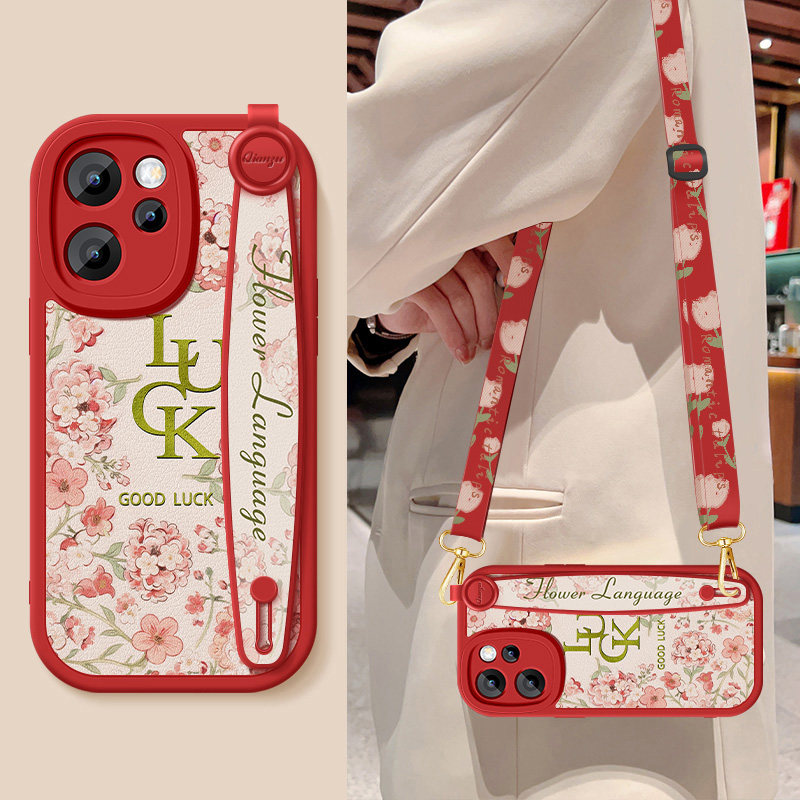 opporeno15手机壳Reno15Pro新款reno14小羊皮防摔14pro保护套幸运花斜挎腕带挂绳硅胶软壳PLV110女PLW110适用
