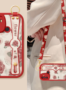 适用oppoa52手机壳a35新款女士a36红色玫瑰腕带支架挂绳a53小羊皮a32保护套全包防摔oppo软壳5g高级简约外壳