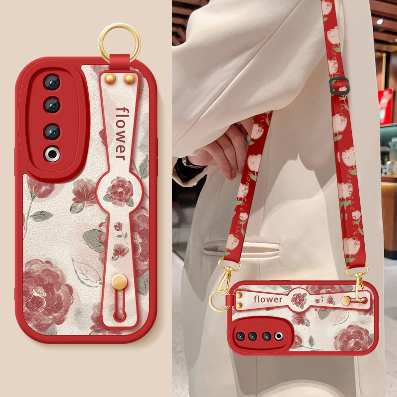 适用荣耀90手机壳honor90pro新款女华为90GT红色玫瑰腕带支架挂绳小羊皮90por保护套硅胶软REP-AN00高级外壳