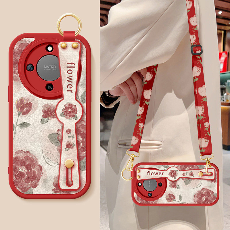 适用荣耀x70手机壳honorX70i新款小羊皮防摔华为叉七零保护套红色玫瑰腕带支架挂绳硅胶软MTN-AN00女士保护套