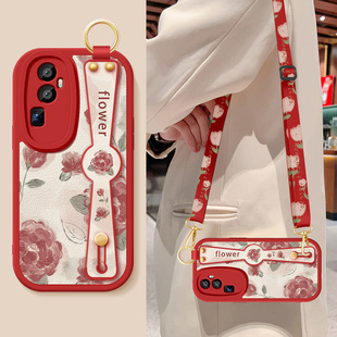 适用opporeno10手机壳reno10pro新款女士10pro+红色玫瑰腕带支架挂绳小羊皮OPPO保护套10pr0硅胶软PHU110外壳