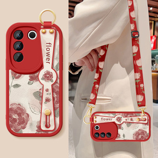 适用vivos16手机壳s16pro新款女士s16e防摔S15E硅胶软VIVO红色玫瑰s15pro腕带支架挂绳小羊皮保护套超薄外壳