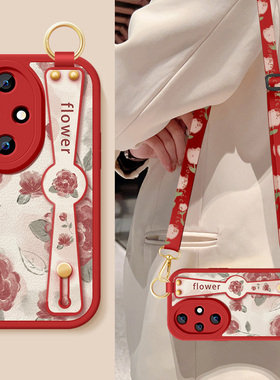 适用荣耀200手机壳200pro新款女honor100红色玫瑰100Pro腕带支架挂绳小羊皮防摔保护套ELP-AN00华为硅胶软外