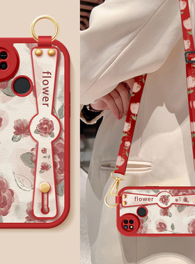 适用红米12手机壳10a新款女士redmi9红色玫瑰腕带支架挂绳MI12c小羊皮12r保护套9a全包防摔硅胶软高级后外壳