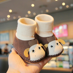 冬季加绒学步棉鞋0-2岁婴幼儿高袜筒加绒防滑卡通百搭学步加绒鞋