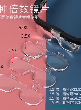 太阳火USB充电高清5倍头戴眼镜式高倍老人看书手机放大镜4组镜片带LED灯家电维修主板芯片焊接雕刻用扩大器