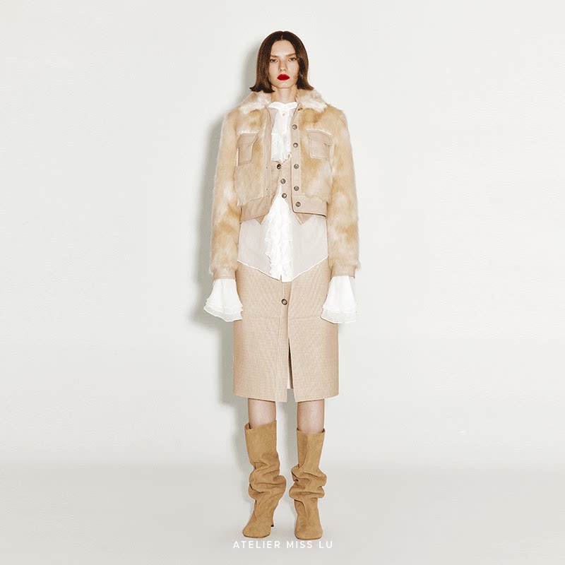 AtelierMissLu【奶油羊驼】2024秋冬复古口袋拼接仿皮草短外套