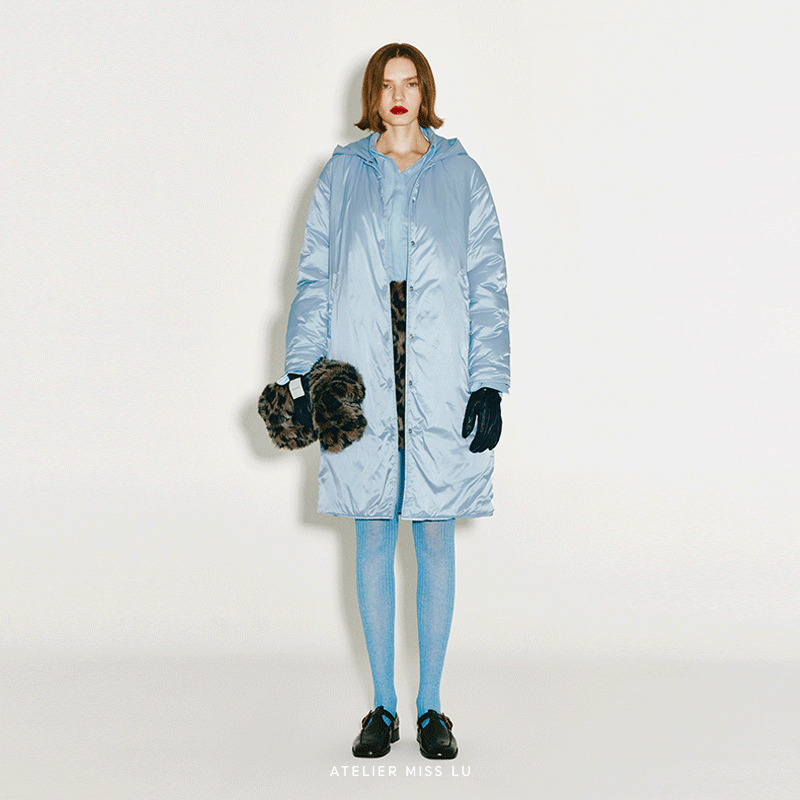 冰川蓝长款连帽棉服