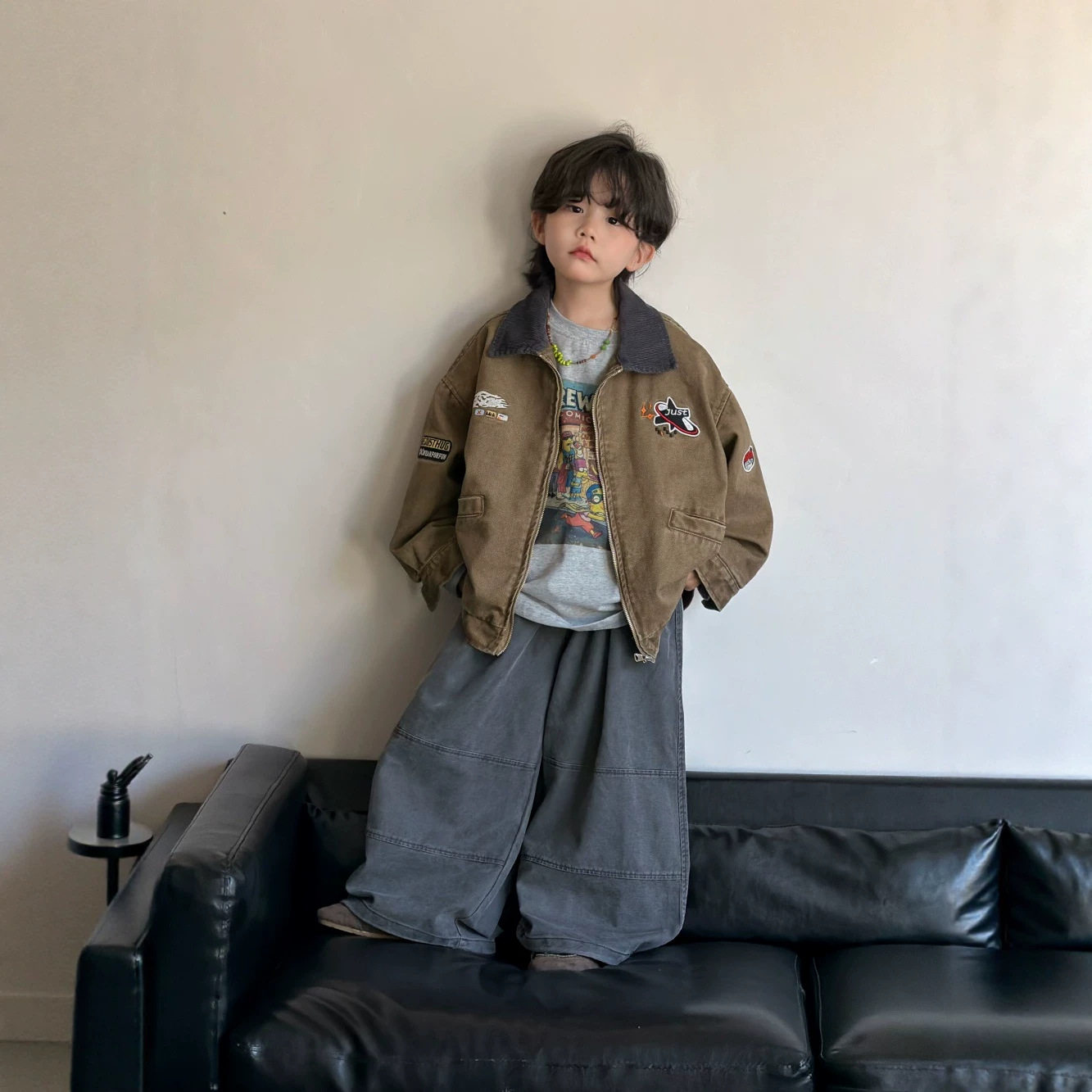 秋季男童韩版工装夹克阔腿裤套装