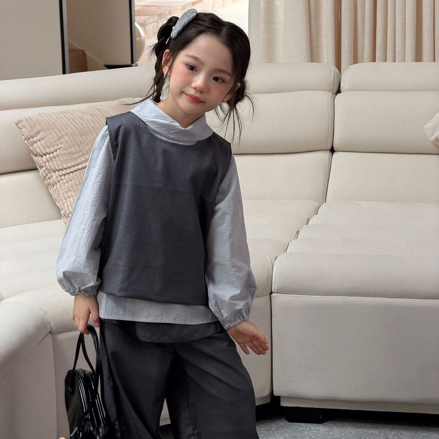 秋季新款女童韩版马甲衬衣三件套