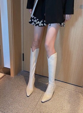 白色高筒靴细跟v长靴女2020秋新款高跟尖头骑士靴西部牛仔靴