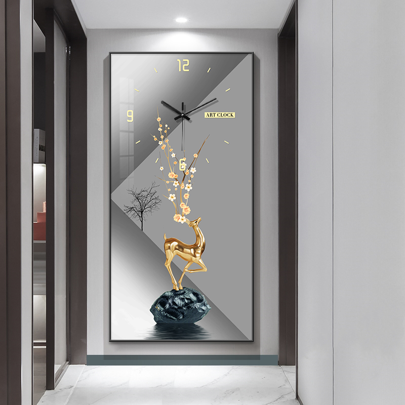 轻奢麋鹿玄关装饰画现代钟表挂钟客厅餐厅晶瓷画静音艺术时钟挂墙图片