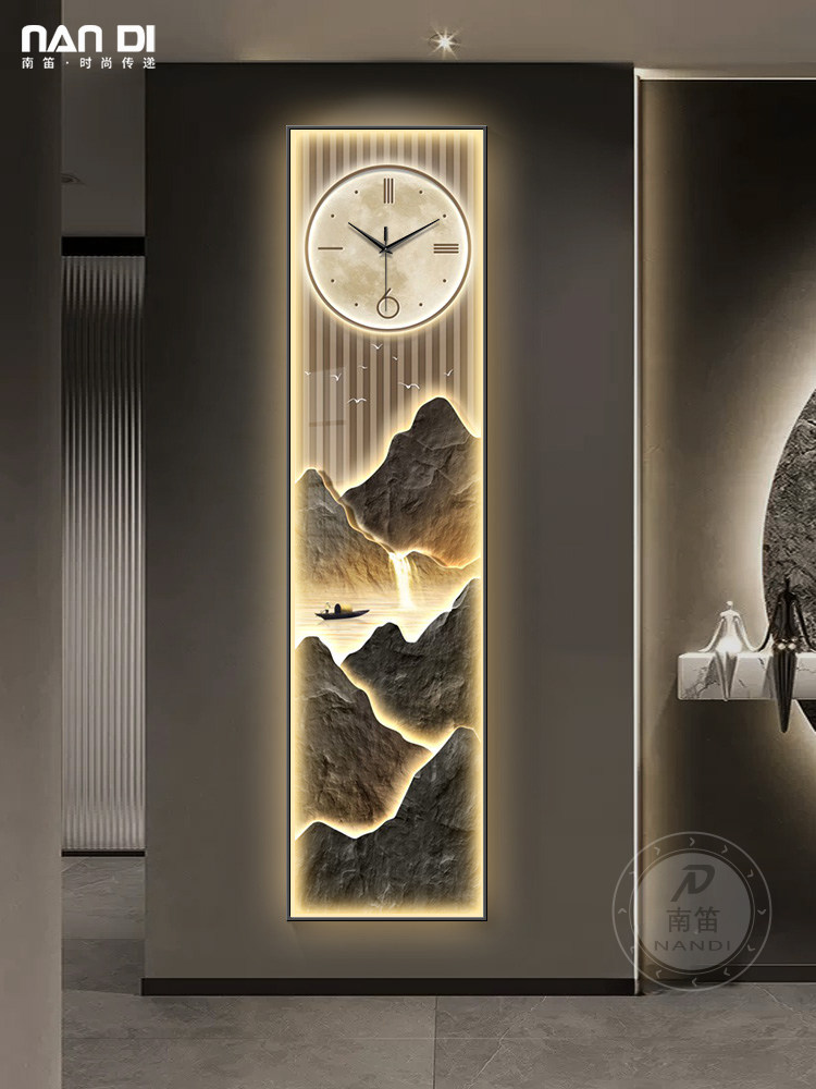侘寂风流水生财玄关装饰画钟表挂钟细长条九鱼图过道挂画艺术时钟