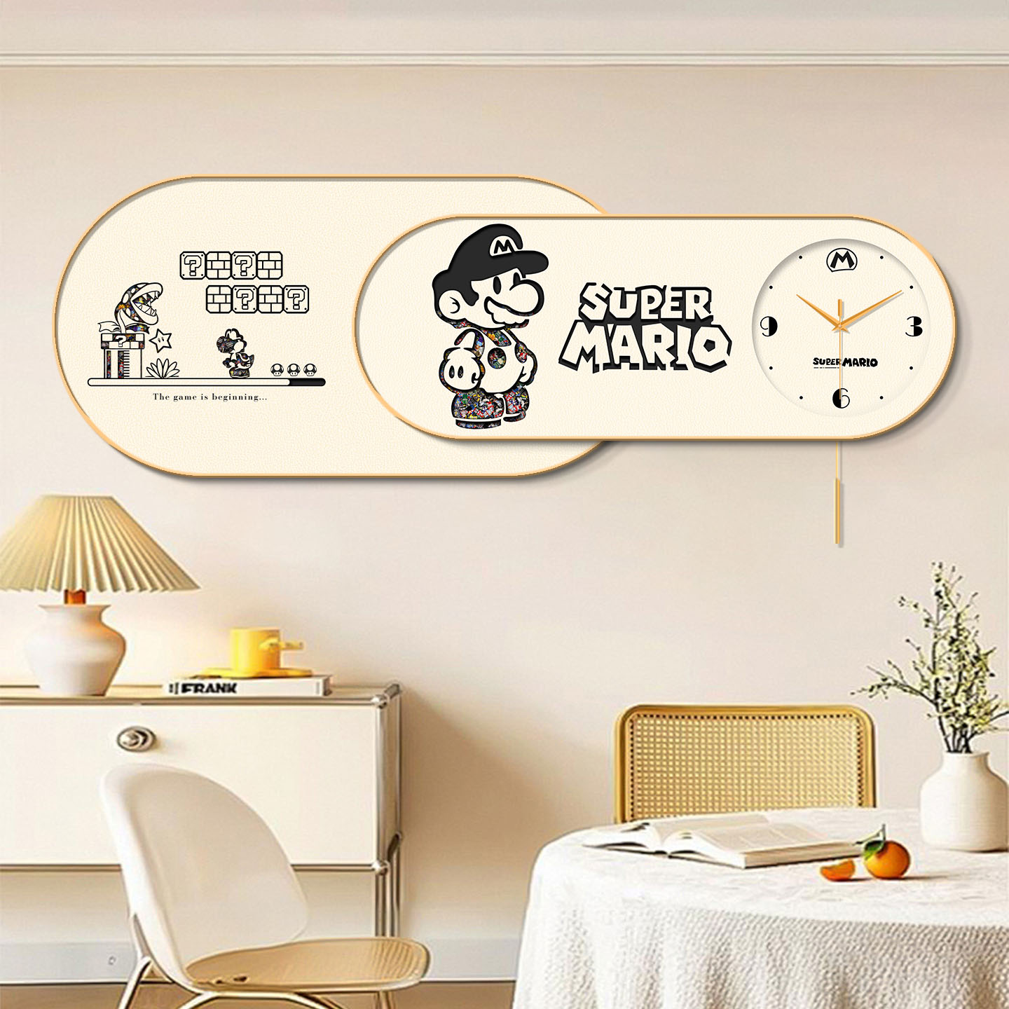 现代简约卡通马里奥餐厅装饰画钟表挂钟超级玛丽儿童房时钟挂画