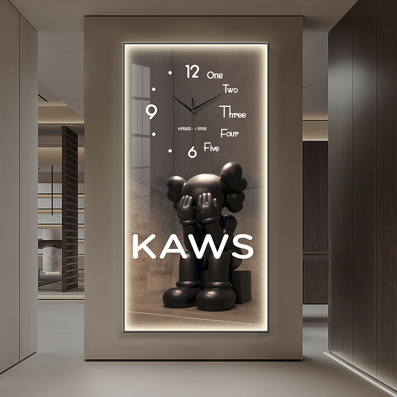 kaws玄关装饰画钟表挂钟客厅过道走廊挂画发光灯画暴力熊艺术时钟图片