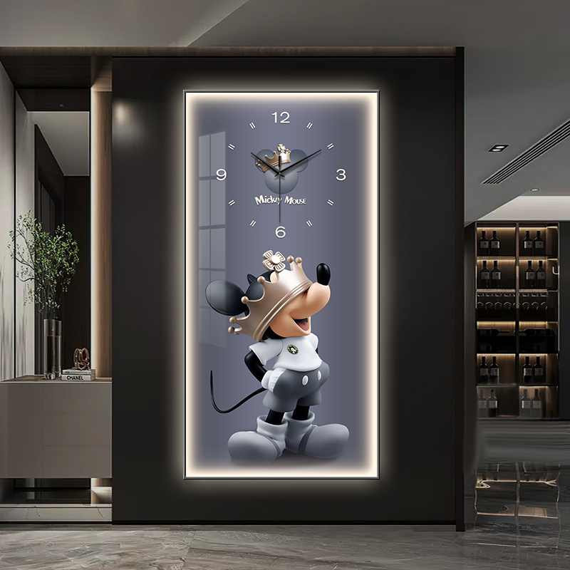 卡通米奇玄关装饰画钟表挂钟客厅过道挂画发光灯画米老鼠创意时钟图片