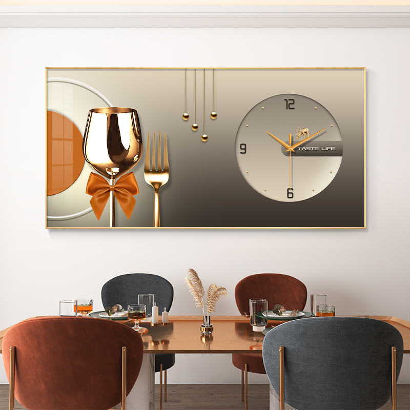 现代轻奢餐厅装饰画钟表挂钟客厅饭厅餐桌背景墙挂画酒杯艺术时钟图片