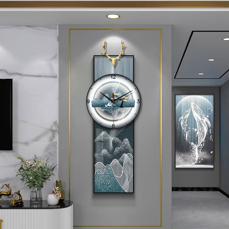 高级感麋鹿玄关装饰画钟表挂钟客厅2025新款餐厅创意艺术时钟挂墙图片