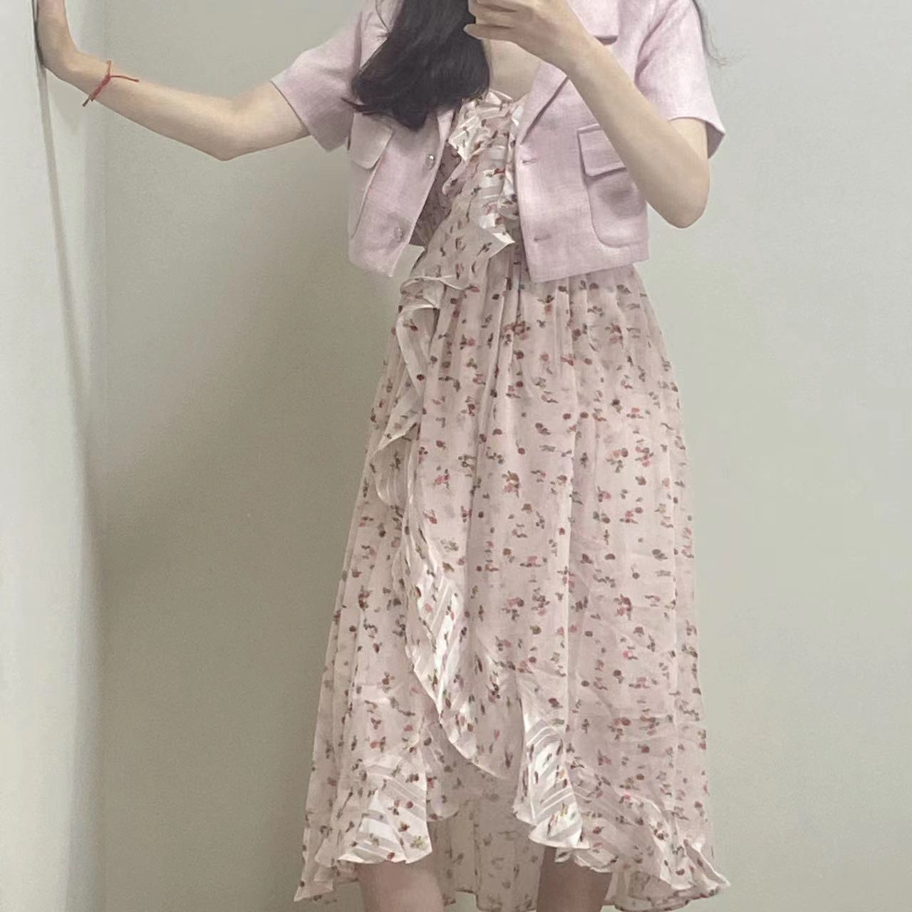 韩风新款女士连衣裙开叉气质收腰夏季高级感吊带连衣裙套装
