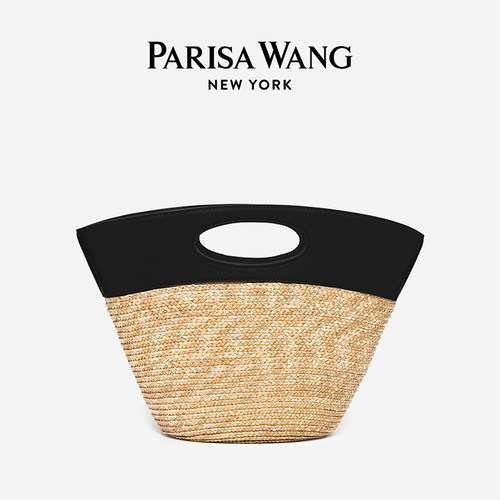 Parisa Wang25夏季新款Phoebe菲比系列草编包扇形包拼皮度假出游