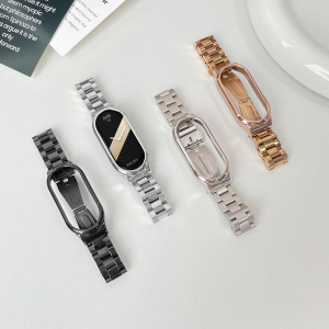 适用小米手环10表带9/8/7nfc版三珠金属不锈钢钢带智能运动3/4/5/6男女高级陶瓷版金属表链保护壳替换带配件