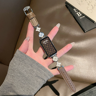 6pro时尚 8表带秋冬新款 运动band7 男女生替换带配件 鎏金老花拼接皮质荣耀手环10智能9NFC版 适用华为手环10