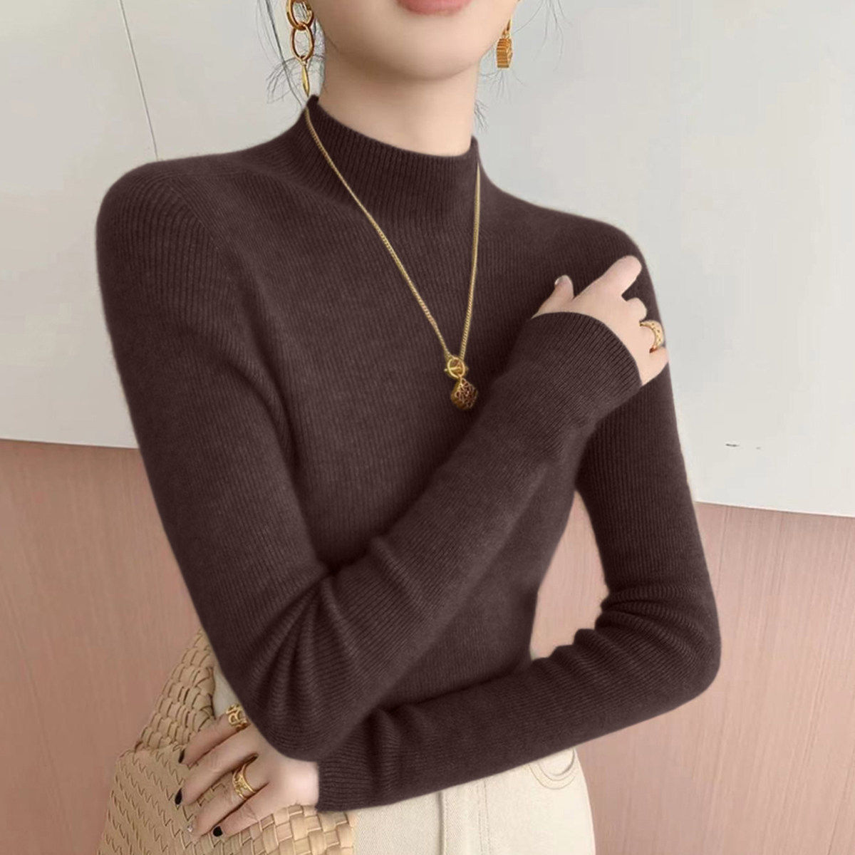 春季新款巧克力色长袖针织衫女装厚款打底上衣羊毛修身半高领毛衣