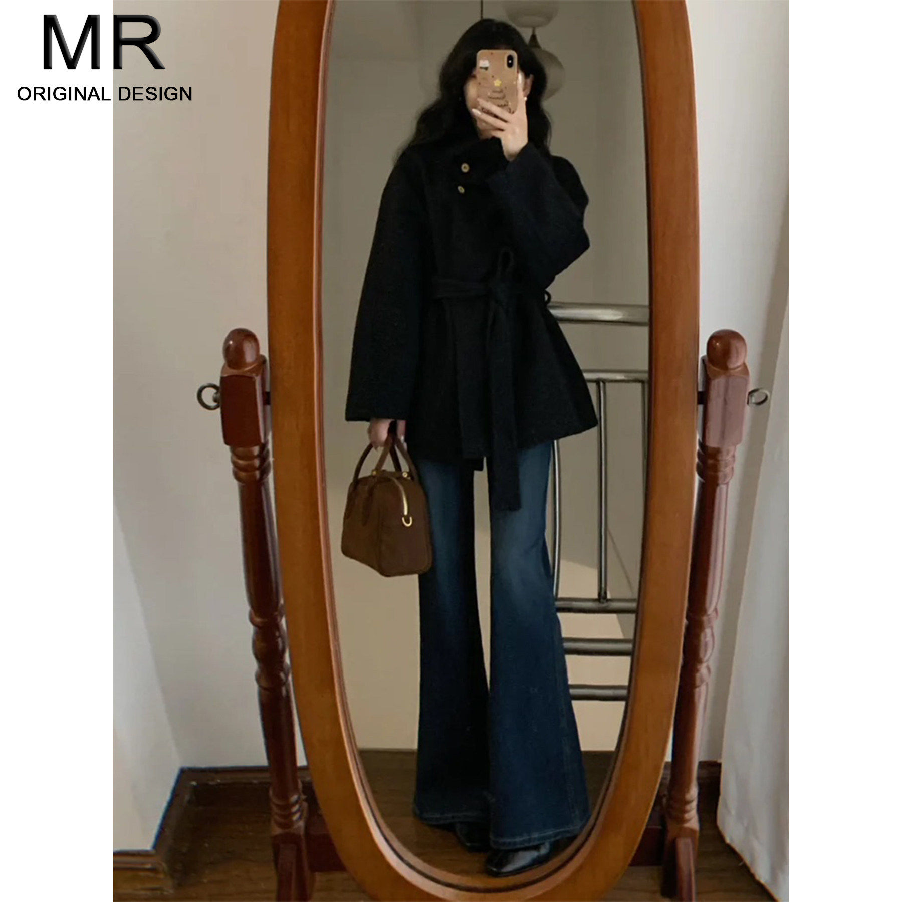 复古蓝高腰不贴腿微喇牛仔裤女2025新款冬季加绒复古宽松喇叭裤子