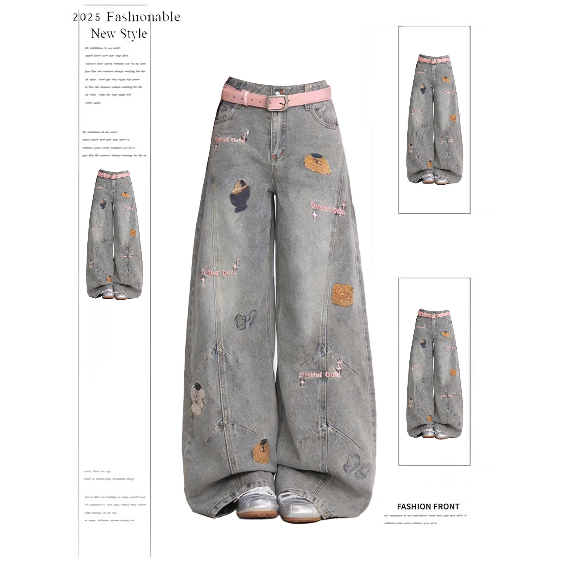 小狗刺绣水洗做旧牛仔裤裤子女款2026春季新款宽松显瘦阔腿裤长裤