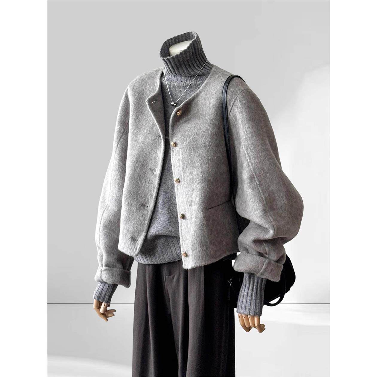 短款灰色双面羊绒毛呢子大衣外套女2025年秋冬季新款高级感小个子