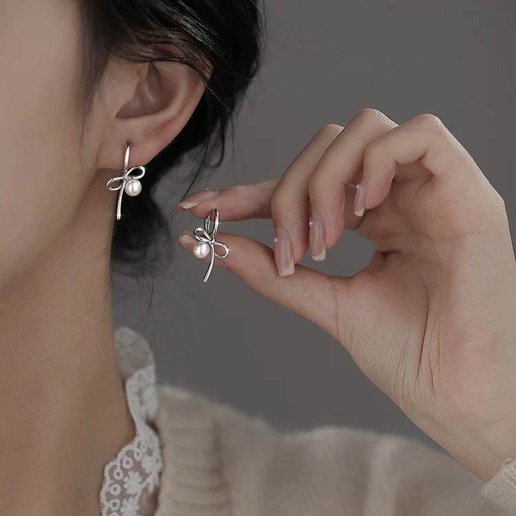 S925纯银甜美蝴蝶结耳环法式时尚珍珠耳扣耳钉气质小众高级设计女,饰品/流行首饰/时尚饰品新,耳钉,淘宝优惠券,粉丝福利购,淘宝优惠卷