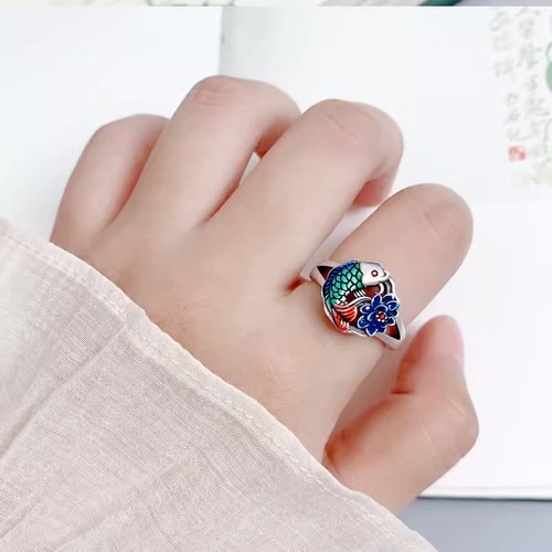 女款纯银复古彩色锦鲤戒指