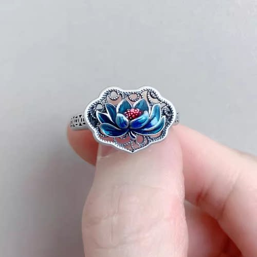 女款纯银彩色珐琅莲花戒指