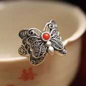 S925纯银南红蝴蝶戒指复古风做旧国潮旗袍食指环女时尚 可调节 新款