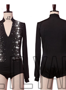 拉丁舞服男士上衣衬衫T恤比赛服演出服黑色V领长袖水钻伦巴闪亮款