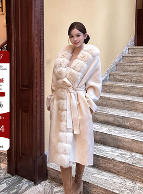 Hello17 【京都美人】100%澳毛羊毛狐狸毛领大衣女冬长款系带外套