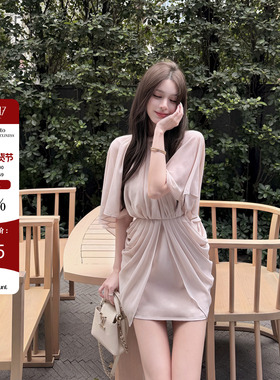 Hello17 【月下白茶】法式复古气质挂脖披肩纯欲雪纺连衣裙女