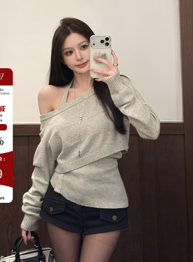 Hello17 【温柔智感】假两件针织衫女春季一字肩挂脖修身长袖上衣
