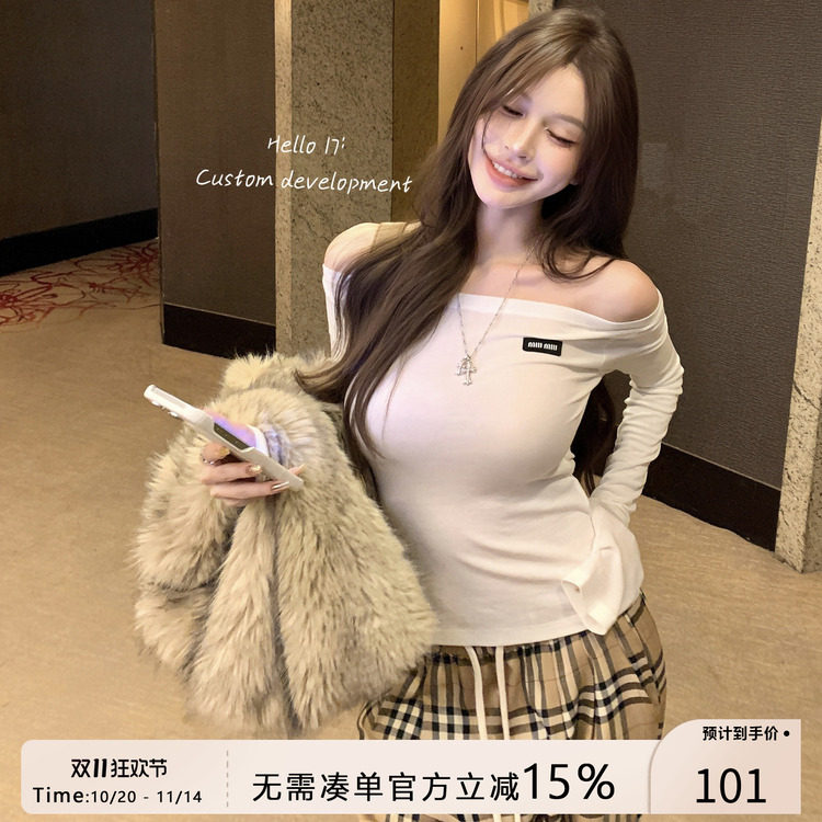 Hello17【M*iu系少女】一字肩长袖T恤女修身显瘦打底莫代尔