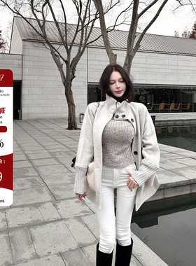 Hello17 【塞纳回忆】设计感呢子外套女冬季单排扣针织袖大衣