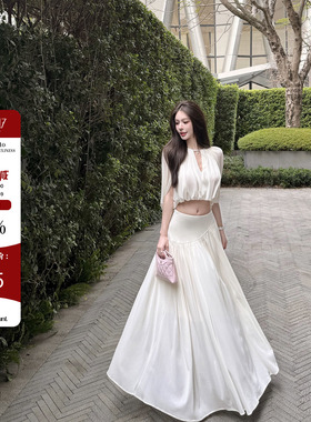 Hello17 【月光手书】短款露腰上衣复古气质大裙摆A字半身裙套装