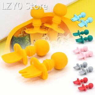 Silicone Spoon Fork Set Baby Self Feeding Utensils Practical