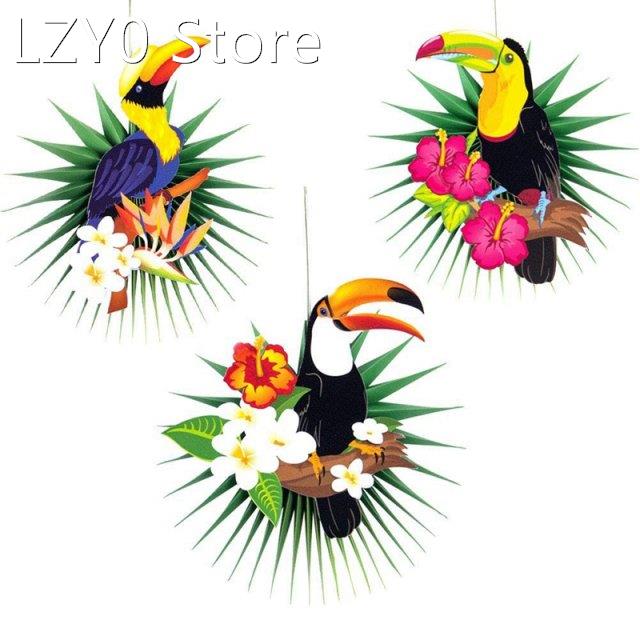 3Pcs DIY Tropical Bird Toucan Palm Leaves Paper Fans Centerp