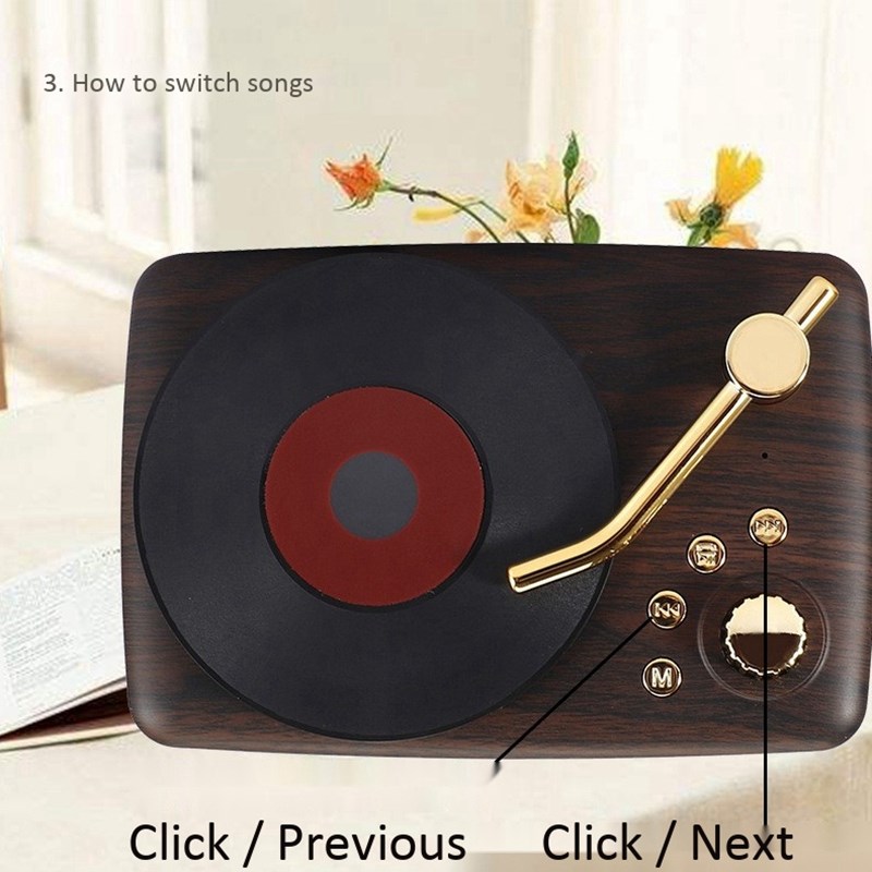 Record Player Shape Wood Grain Retro Speaker Portable Nostal