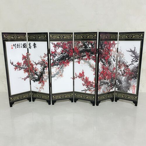 6 Panel Mini Folding Screen Tabletop Wooden Chinese Art Scre