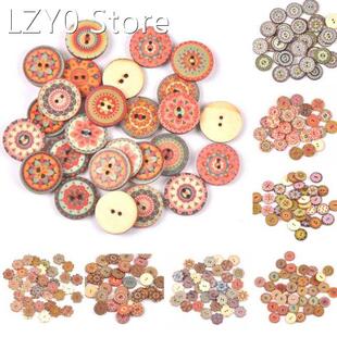 100Pcs Printing Retro Button Gear Flower Shape Wooden Button