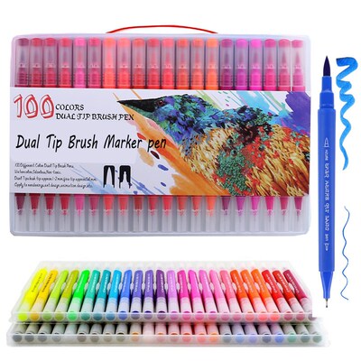 100 Colors Watercolor Dual Tip Brush Marker Pen Fineliner Ar