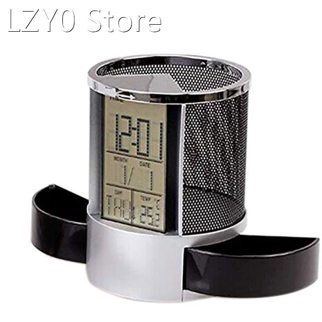 Digital Pen Holder, LCD Desk Alarm Clock Mesh Pen Holder Cal