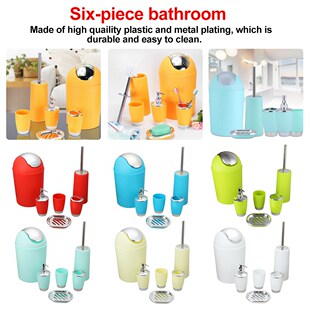 6pcs Bath Waste Bin Soap Box Toilet Brush Plastic Bathroom